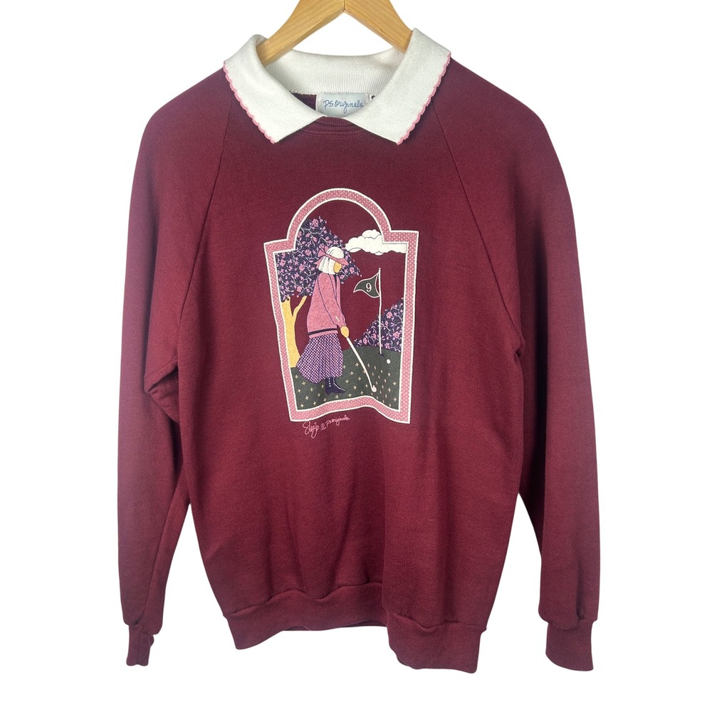 P.S. Originals Golf Graphic Sweatshirt Womens Large Burgundy‎ Vintage 90s Collar